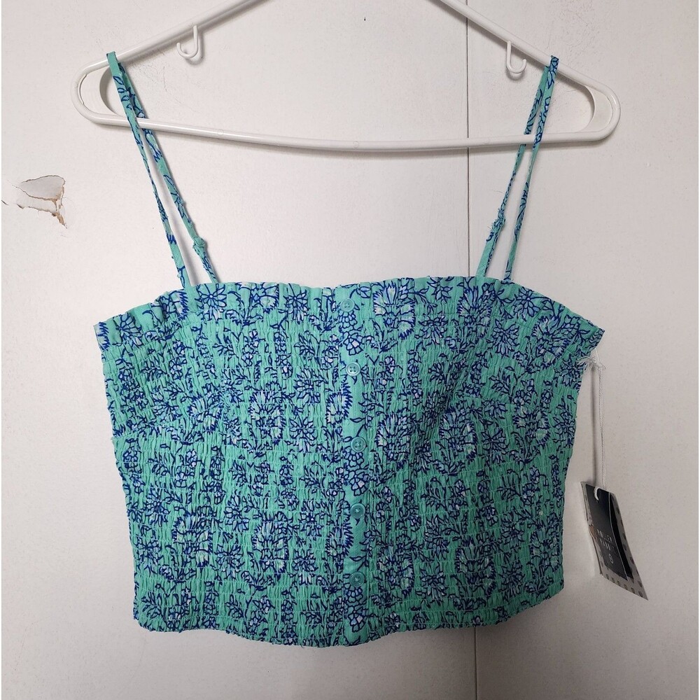 Roller Rabbit Women's Blue/Green Floral Smocked Cropped Tank Spaghetti M nwt